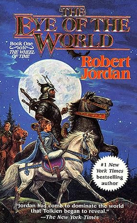 The cover for The Eye of the World by Rober Jordan. Three people are riding white, black, and brown
                    horses under a massive moon.